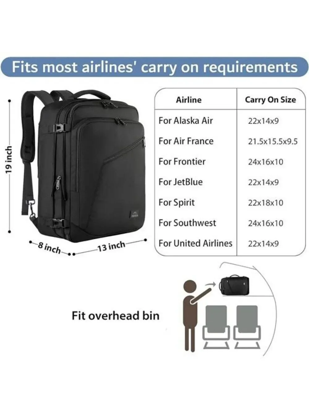 Matein Travel Backpack 40L Expandable Carry On Bag Lightweight Water Resistant